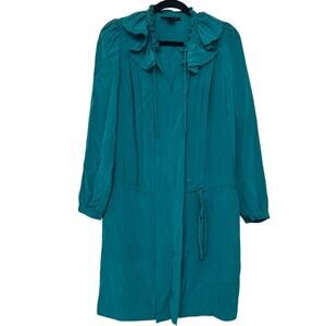 Pink Tartan Teal 100% Silk Ruffle Neck Dress Womens XS Belted Boho Cottagecore